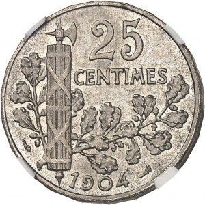 Tretia republika (1870-1940). Piéfort de 25 centimes Patey, 2e type à 22 pans 1904, Paríž.