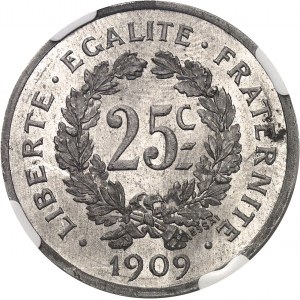 Třetí republika (1870-1940). Zkouška hliníkové mince Daniel-Dupuis v hodnotě 25 centimů z roku 1909, Paříž.