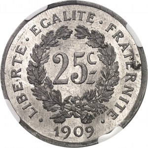 Tretia republika (1870-1940). Skúška hliníkovej 25-centimetrovej mince Daniel-Dupuis 1909, Paríž.