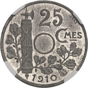 Dritte Republik (1870-1940). 25-Centimes-Test aus Zinn, nicht perforiert, von Patey 1910, Paris.