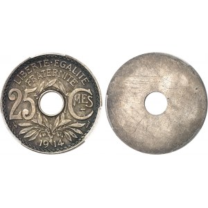 IIIe République (1870-1940). Paire d’épreuves unifaces, avers et revers, de 25 centimes Lindauer, en bronze-argenté, frappes spéciales (SP) 1914, Paris.