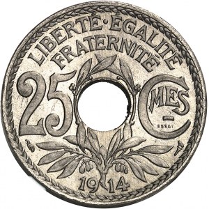 Third Republic (1870-1940). Test piece for 25-centime Lindauer, large module, nickel 1914, Paris.