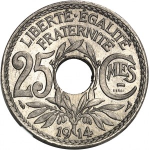 IIIe République (1870-1940). Essai-piéfort de 25 centimes Lindauer, grand module, en nickel 1914, Paris.