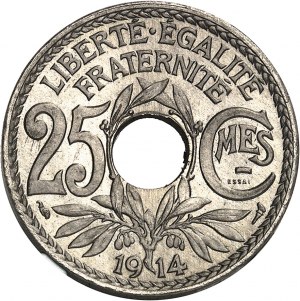 Trzecia Republika (1870-1940). Egzemplarz próbny monety Lindauer o nominale 25 centów, duży moduł, niklowana, 1914, Paryż.
