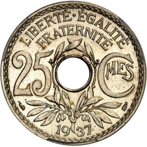 IIIe République (1870-1940). Épreuve de 25 centimes Lindauer en maillechort, Frappe spéciale (SP) 1937, Paris.