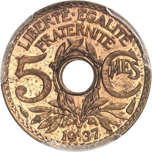Dritte Republik (1870-1940). Prüfung des gelochten Metalls der 5 Centimes Lindauer, kleines Modul, aus Bronze-Aluminium, Sonderprägung (SP) 1937, Paris.