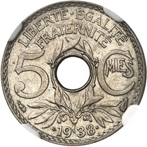 IIIe République (1870-1940). 5 centimes Lindauer, variété à l’étoile 1938, Paris.