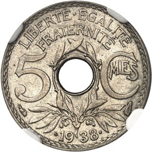 Third Republic (1870-1940). 5-centime Lindauer, star variety 1938, Paris.