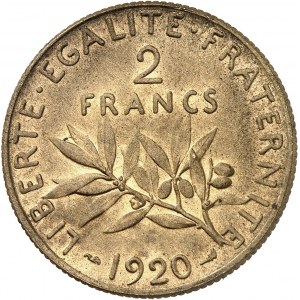 Tretia republika (1870-1940). Bankovka v hodnote 2 frankov Semeuse v meďnatej zliatine, Frappe spéciale (SP) 1920, Paríž.