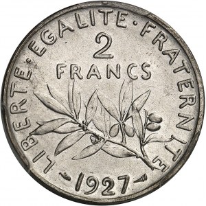 Třetí republika (1870-1940). Zkušební kus 2 franky Semeuse, Frappe spéciale (SP) 1927, Paříž.