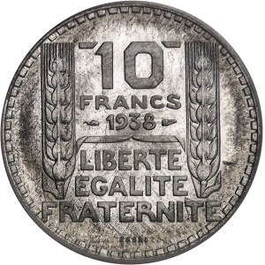 Tretia republika (1870-1940). Skúška 10 frankov Turín v hliníku, Frappe spéciale (SP) 1938, Paríž.