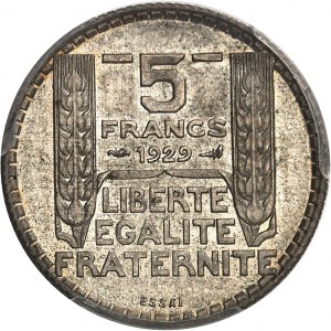 IIIe République (1870-1940). Trial of 5 francs Turin in silver, Frappe spéciale (SP) 1929, Paris.