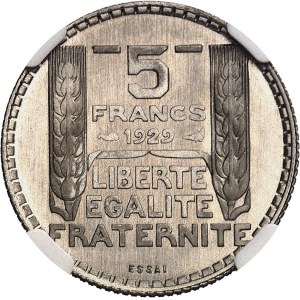 Terza Repubblica (1870-1940). Conio di prova del 5 franchi Torino in nichel 1929, Parigi.