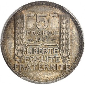 Dritte Republik (1870-1940). Probedruck von 5 Franc Turin in Silber (ohne ESSAI), Sonderprägung (SP) 1933, Paris.