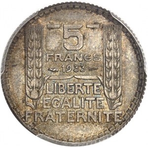 IIIe République (1870-1940). Proof of 5 francs Turin in silver (without ESSAI), Frappe spéciale (SP) 1933, Paris.
