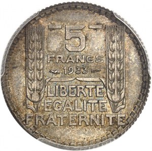 IIIe République (1870-1940). Proof of 5 francs Turin in silver (without ESSAI), Frappe spéciale (SP) 1933, Paris.