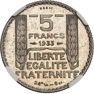 Třetí republika (1870-1940). Zkouška 5 franků Turín v měděném niklu (24 MM - 6 GR) 1933, Paříž.