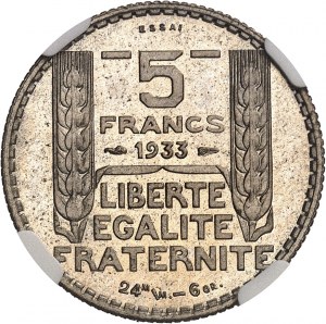 Terza Repubblica (1870-1940). Prova del 5 franchi Torino in cupro-nichel (24 MM - 6 GR) 1933, Parigi.