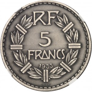 IIIe République (1870-1940). Essai de 5 francs Lavrillier en nickel, flan mat 1933, Paris.