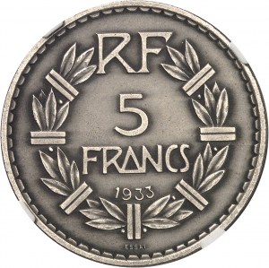 Dritte Republik (1870-1940). Versuch der 5 Lavrillier-Francs aus Nickel, matter Rand 1933, Paris.