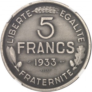 IIIe République (1870-1940). Essai de 5 francs Morlon en nickel, flan mat 1933, Paris.