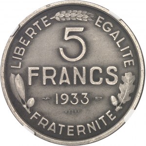 Terza Repubblica (1870-1940). Prova del 5 franchi Morlon in nichel, bianco opaco 1933, Parigi.