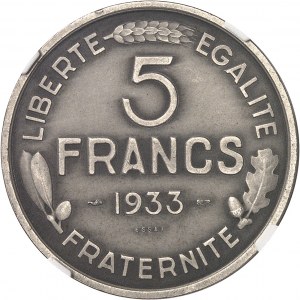 Dritte Republik (1870-1940). Versuch von 5 Francs Morlon aus Nickel, matter Zuschnitt 1933, Paris.