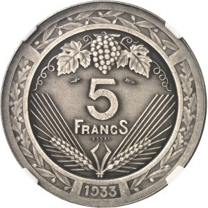 IIIe République (1870-1940). Essai de 5 francs Vezien en nickel, flan mat 1933, Paris.