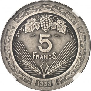 IIIe République (1870-1940). Essai de 5 francs Vezien en nickel, flan mat 1933, Paris.