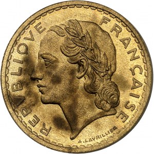 Dritte Republik (1870-1940). Versuch der 5 Francs Lavrillier aus Kupfer-Aluminium, Sonderprägung (SP) 1934, Paris.
