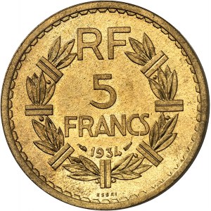 Tretia republika (1870-1940). Trial 5 frankov Lavrillier z meďnatého hliníka, Frappe spéciale (SP) 1934, Paríž.