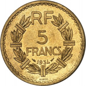 Tretia republika (1870-1940). Trial 5 frankov Lavrillier z meďnatého hliníka, Frappe spéciale (SP) 1934, Paríž.