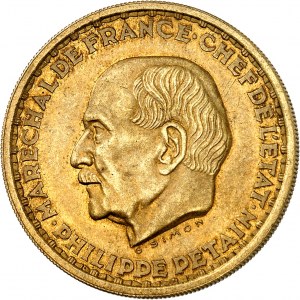 Francúzsky štát (1940-1944). Essai-piéfort 20 frankov Pétain, bronzový hliník, G. Simon 1941, Paríž.