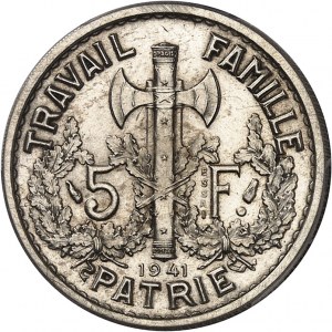 État Français (1940-1944). Essai-piéfort de 5 francs Pétain, double revers des 1er et 3e type, en argent, Frappe spéciale (SP) 1941, Paris.