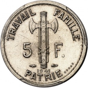 État Français (1940-1944). Essai-piéfort de 5 francs Pétain, double revers des 1er et 3e type, en argent, Frappe spéciale (SP) 1941, Paris.