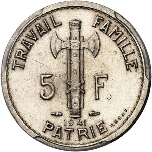 Francúzsky štát (1940-1944). Skúšobný kus 5 frankov Pétain, dvojitý reverz 1. a 3. typu, striebro, Frappe spéciale (SP) 1941, Paríž.