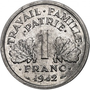 Państwo francuskie (1940-1944). Aluminiowy 1 frank przedseryjny, z krzyżem na ramkach wokół PATRIE, Frappe spéciale (SP) 1942, Paryż.