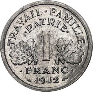Państwo francuskie (1940-1944). Aluminiowy 1 frank przedseryjny, z krzyżem na ramkach wokół PATRIE, Frappe spéciale (SP) 1942, Paryż.