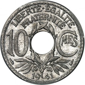 Państwo francuskie (1940-1944). Dowód 10 centymów Lindauer, aluminium, Frappe spéciale (SP) 1941, Paryż.