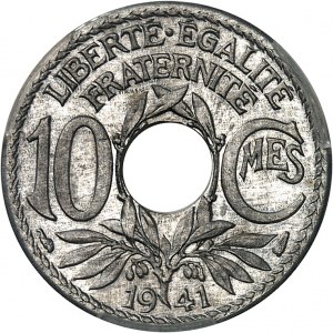 Stato francese (1940-1944). Prova del 10 centesimi Lindauer, alluminio, Frappe spéciale (SP) 1941, Parigi.