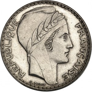 Rząd Tymczasowy Republiki Francuskiej (1944-1946). Esej o nominale 20 franków turyńskich w srebrze, krótkie gałązki, Frappe spéciale (SP) 1945, Paryż.