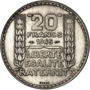 Provisional Government of the French Republic (1944-1946). Essai de 20 francs Turin en argent, rameaux courts, Frappe spéciale (SP) 1945, Paris.