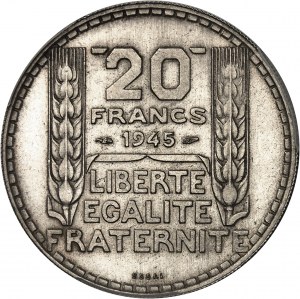 Dočasná vláda Francúzskej republiky (1944-1946). Esej 20 frankov Turín v striebre, krátke vetvy, Frappe spéciale (SP) 1945, Paríž.