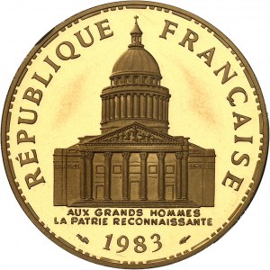 Piata republika (od roku 1958). Piéfort 100 frankov Panthéon v zlate, leštený čistý (PROOF) 1983, Pessac.