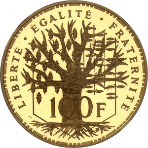 Piata republika (od roku 1958). Piéfort 100 frankov Panthéon v zlate, leštený čistý (PROOF) 1983, Pessac.