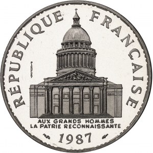 Ve République (1958 à nos jours). Piéfort de 100 francs Panthéon en platine, Flan bruni (PROOF) 1987, Pessac.