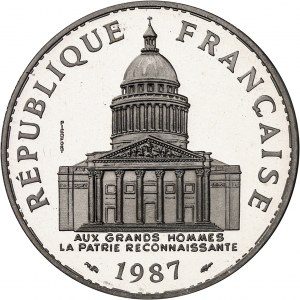 Piata republika (od roku 1958). Piéfort 100 frankov Panthéon v platine, leštený čistý (PROOF) 1987, Pessac.