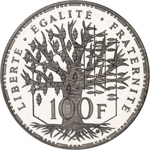 Piata republika (od roku 1958). Piéfort 100 frankov Panthéon v platine, leštený čistý (PROOF) 1987, Pessac.
