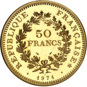 Piąta Republika (od 1958 do dziś). Moneta 50 franków Herkules, czerniony blankiet (PROOF) 1974, Paryż.