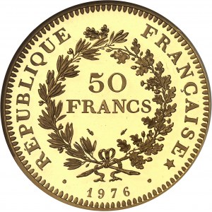 Piąta Republika (od 1958 do dziś). Piéfort o nominale 50 franków Herkules, czerniony blankiet (PROOF) 1976, Pessac.